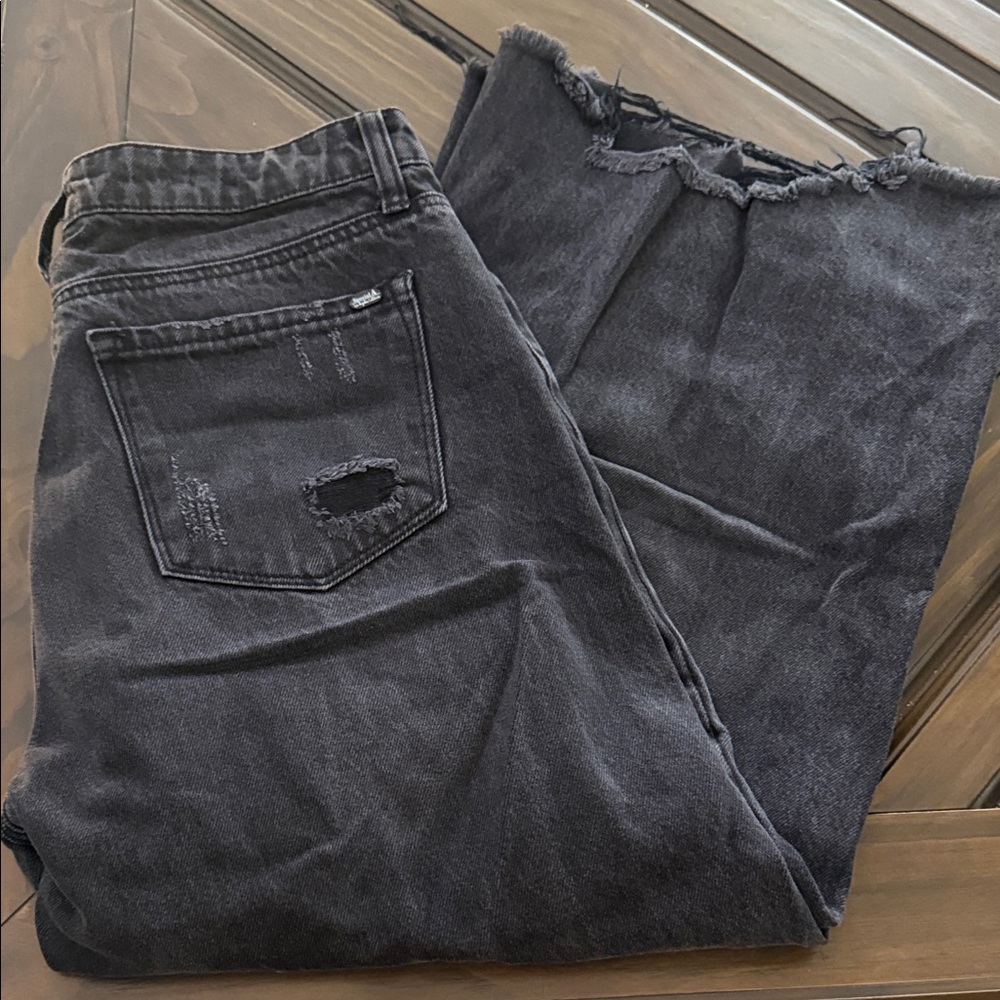 Washed Black Wide-Leg Jeans with Raw Hem